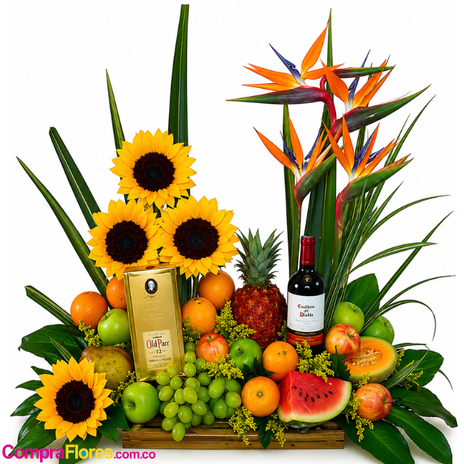 Frutero con licor Old Parr, flores cali