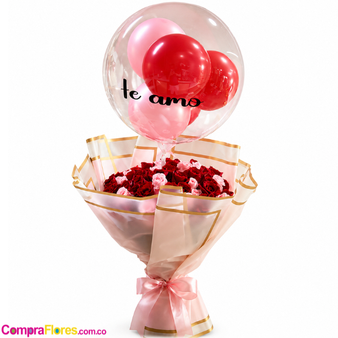 Ramo de 50 Rosas con Globo Burbuja Te Amo