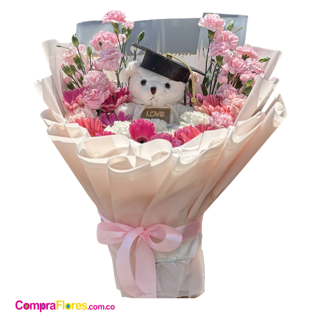 Ramo de Grado con Gerberas, Claveles y Oso con Birrete - Cali