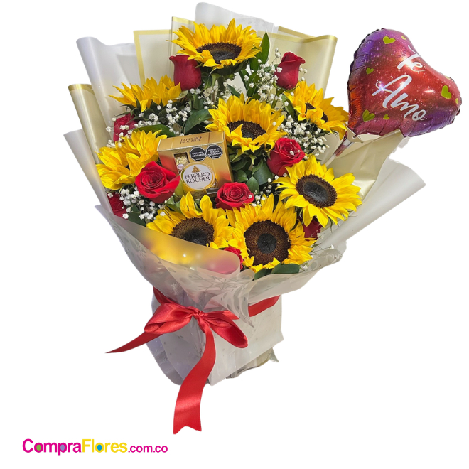 Arreglo en Base de Girasoles, Rosas y Ferrero