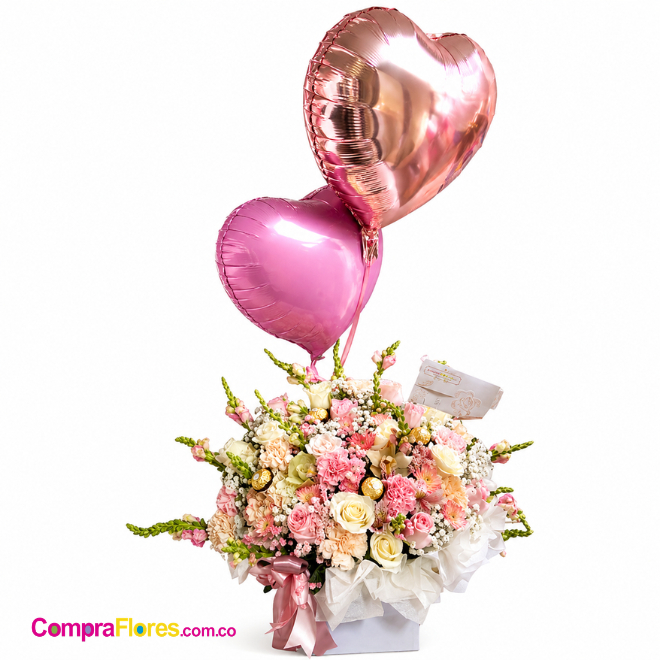 Base de Rosas, Gerberas y Globos con Ferrero - Cali