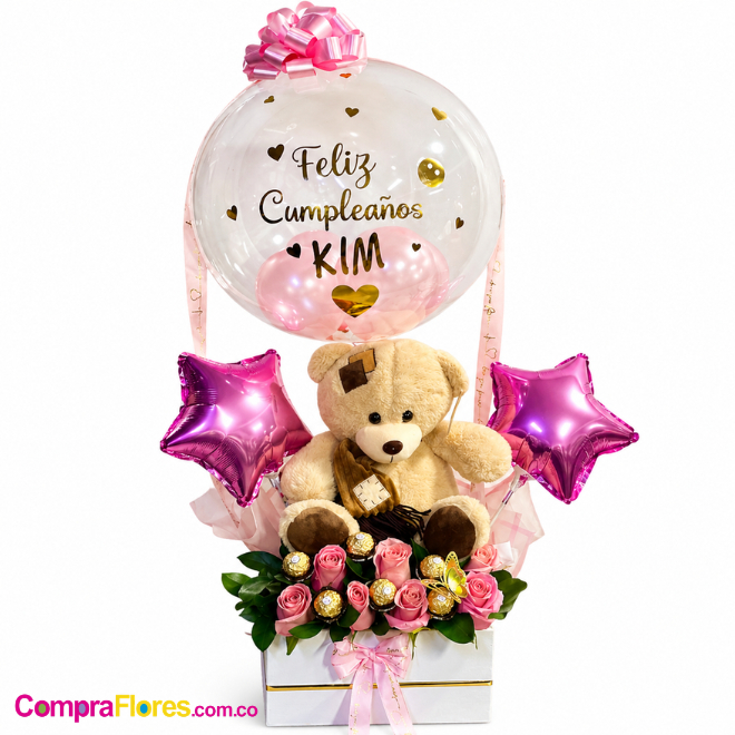 Arreglo en Base: Oso Mediano, Rosas y Globo Burbuja