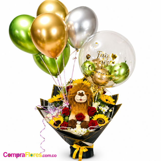 Base de Girasoles, Rosas y Peluche León con Globos Helio