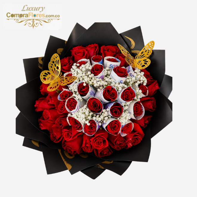 Bouquet Imperial: 50 Rosas Rojas y Detalle de Billetes