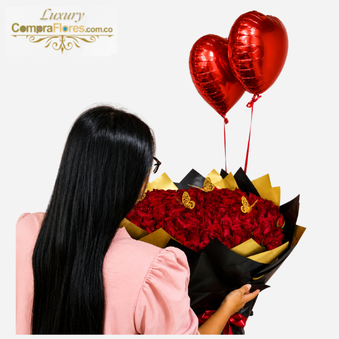 Bouquet Gala: 80 Rosas Rojas con Mariposas y Globos Premium