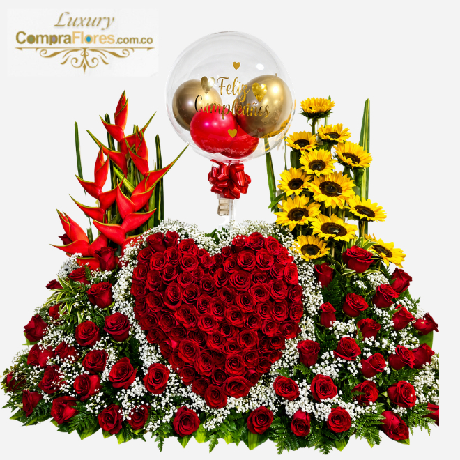Jardín Imperial: Corazón de 100 Rosas, Girasoles y Globo Burbuja