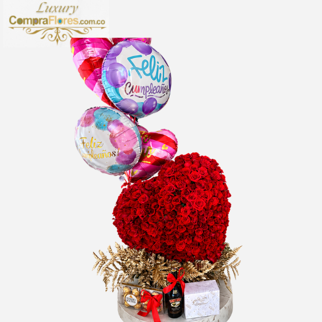 Corazón Majestic: 120 Rosas Premium, Baileys y Ferrero de Gala