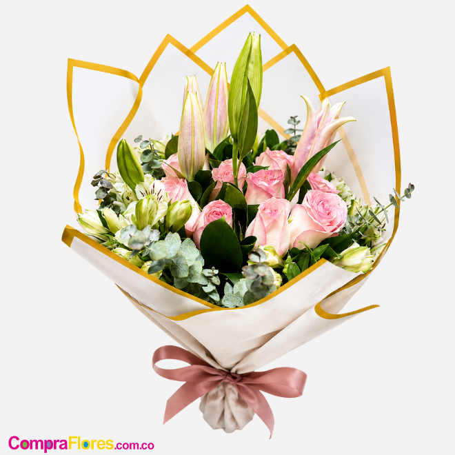 Bouquet Real Pink: 12 Rosas Premium en Degradé y Lirios