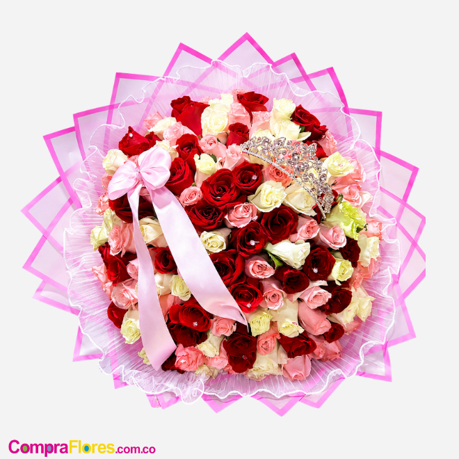 Bouquet Tríada Imperial: 80 Rosas Premium con Tiara Real