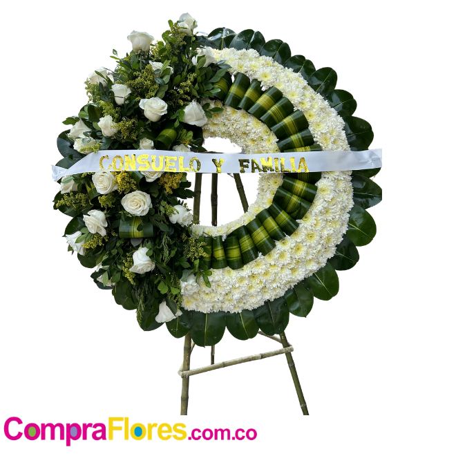 Fúnebre en forma de Corona con follaje tejido (Blanco y Verde)