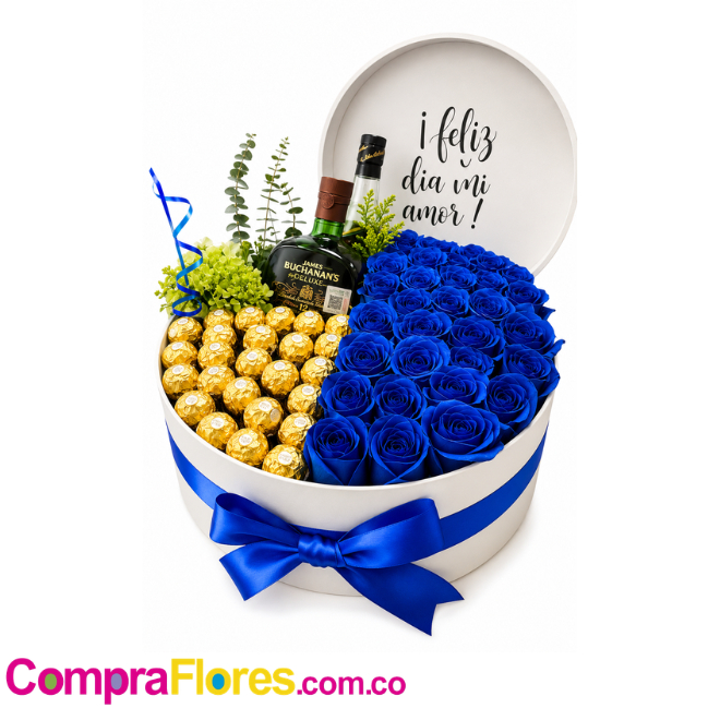 Cilindro de Lujo con 32 Rosas Azules, Ferreros, Buchanan's y Jack Daniel's