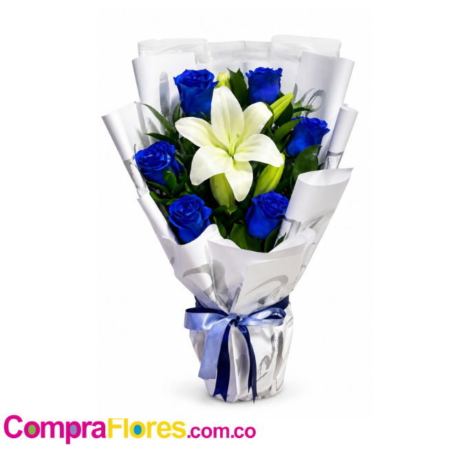 Ramillete de 6 Rosas Azules y Lirio Blanco para el Día del Padre