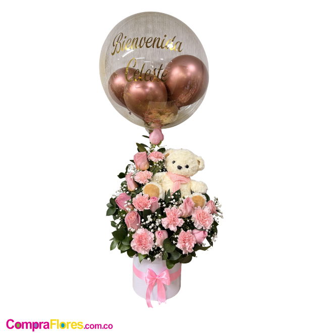 Arreglo de Bienvenida con Rosas, Peluche y Globo