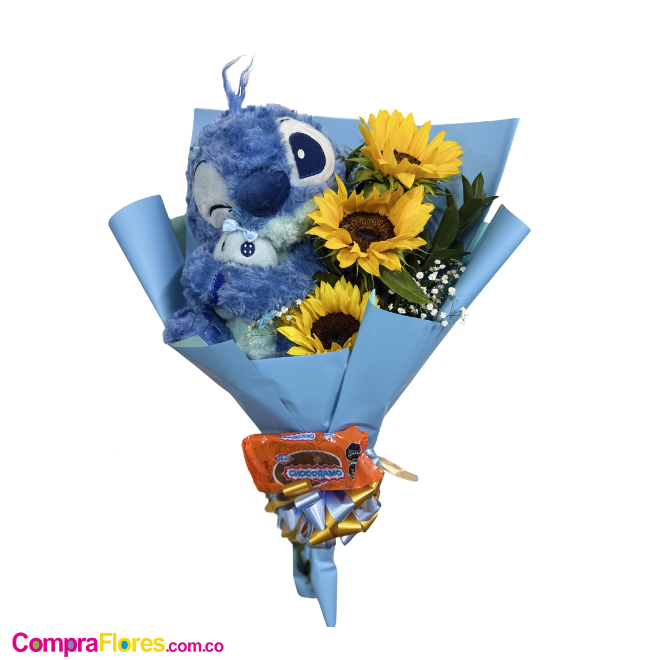 Bouquet de 3 Girasoles con Stitch Mediano
