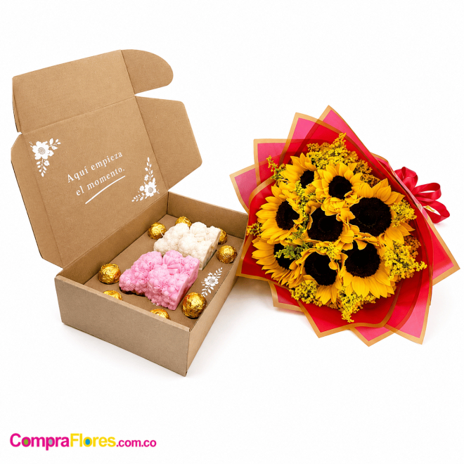 Ramo de 8 Girasoles con Chocolates Artesanales y Velas de Oso