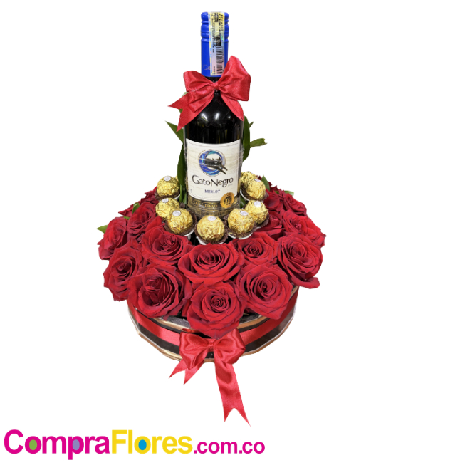 Caja Cilíndrica de Rosas Rojas, Vino Gato Negro y Chocolate