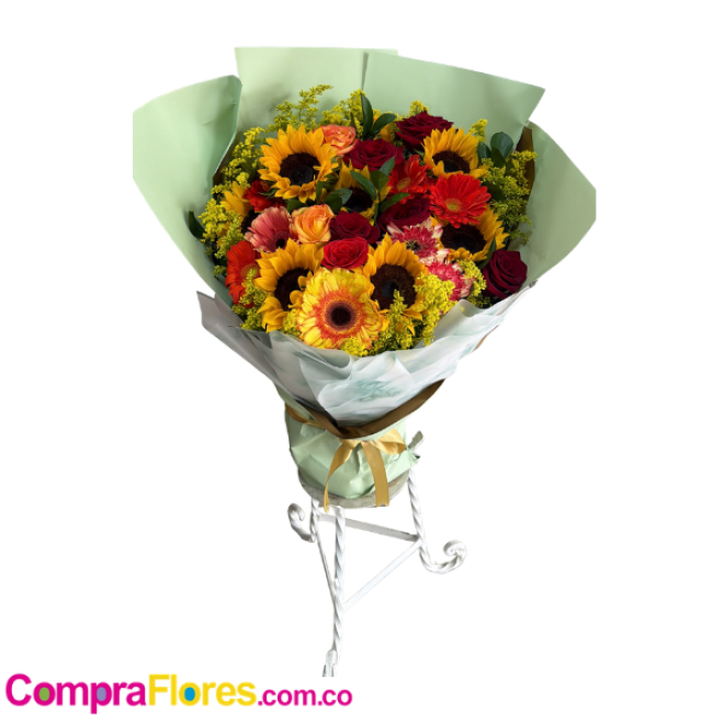 Arreglo Floral en Base con 5 Girasoles, Gerberas y 8 Rosas