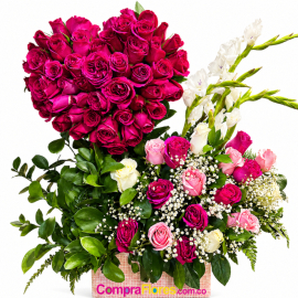 Arreglo en Base: Corazón de Rosas y Gladiolos