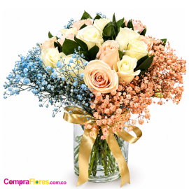 Jarrón de 16 Rosas con Perlita Multicolor - Cali