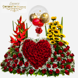 Jardín Imperial: Corazón de 100 Rosas, Girasoles y Globo Burbuja