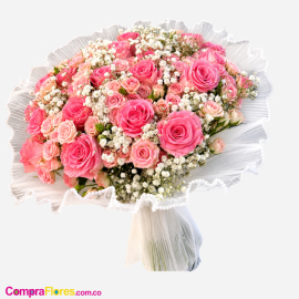 Súper Ramo Buchón de 80 Rosas y Mini Rosas con Perlas