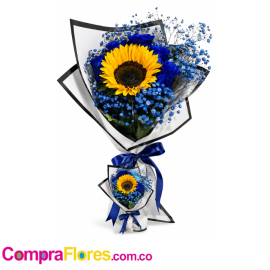 Arreglo Floral Masculino con Girasol y Lluvia de Estrellas Azul