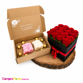 Caja de 20 Rosas Rojas con Chocolates Artesanales y Velas de Oso